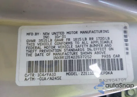 2002 Toyota Corolla Le из США, поврежденный, VIN 1NXBR12E42Z637252